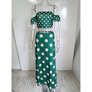 Polka Dot Print Maxi Skirt Suit Women Summer Print Cropped Top Sexy Side Split High Waist Skirt 2 Piece Sets 